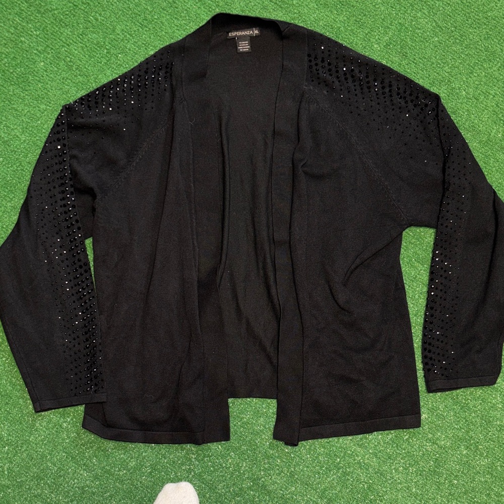 Women’s Black Open Front Cardigan with Studded Sleeves sequin